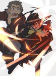  1boy 1girl black_hair blood blood_on_face blush bow brown_hair hat magic majo_shuukai_de_aimashou open_mouth original outstretched_arm pointy_ears protecting role_reversal scar short_hair st05254 witch witch_hat 