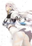  1girl armor ass belt blue_eyes blurry blurry_foreground boobplate copyright_request cowboy_shot depth_of_field dress english eyebrows_visible_through_hair floating_hair from_behind glint hair_between_eyes highres holding holding_sword holding_weapon juliet_sleeves long_hair long_sleeves looking_at_viewer looking_back pantyhose parted_lips puffy_sleeves rapier short_dress solo standing sword torn_clothes torn_pantyhose weapon white_dress white_hair white_legwear yang-do 