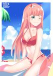  1girl absurdres aqua_eyes bangs beach bikini breasts character_name clouds cloudy_sky darling_in_the_franxx daweykun eyebrows_visible_through_hair front-tie_bikini front-tie_top hairband highres horns long_hair medium_breasts ocean one_eye_closed pink_hair red_bikini side-tie_bikini sitting sky smile solo swimsuit white_hairband zero_two_(darling_in_the_franxx) 