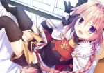  1boy astolfo_(fate) black_bow black_ribbon board_game bow braid fang fate/apocrypha fate/grand_order fate_(series) garter_straps go hair_intakes hair_ribbon licoco long_braid male_focus multicolored_hair pink_hair ribbon single_braid streaked_hair thigh-highs trap violet_eyes 