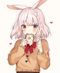  1girl animal_ears blush bow bowtie braid brown_sweater commentary ear_down egg_hair_ornament english_commentary eyebrows_visible_through_hair fictional_persona food food_themed_hair_ornament fried_egg hair_ornament heart long_sleeves looking_at_viewer mochii original pink_eyes pink_hair rabbit_ears red_neckwear signature solo sweater toast upper_body yellow_background 