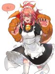  1girl animal_ears apron bell bell_collar breasts cat_paws collar fangs fate/grand_order fate_(series) fox_ears fox_tail gloves hair_ribbon highres jingle_bell kirihara_fuko large_breasts long_hair maid_headdress paw_gloves paws pink_hair ponytail red_ribbon ribbon simple_background solo speech_bubble tail tamamo_(fate)_(all) tamamo_cat_(fate) thigh-highs translation_request white_background white_legwear 