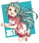  1girl :d a bare_legs bent_elbow bent_knee blue_background breasts collared_shirt curly_hair ears fang full_body geta green_eyes green_hair highres horn kariyushi_shirt komano_aun ksk_(semicha_keisuke) long_hair looking_at_viewer medium_breasts one_leg_raised open_mouth paw_pose red_shirt shirt short_sleeves shorts smile solo standing standing_on_one_leg tareme thick_eyebrows touhou two-tone_background white_background white_shorts 