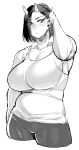  1girl asymmetrical_bangs bangs belly blush breasts cropped_legs curvy earrings elf-san_wa_yaserarenai. greyscale hair_over_one_eye hand_up highres huge_breasts jewelry looking_to_the_side monochrome muscle muscular_female oga-san oni oni_horns playing_with_own_hair plump pointy_ears short_hair simple_background slit_pupils standing sweat synecdoche tank_top thick_thighs thighs white_background 