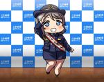  1girl black_footwear blue_eyes blue_jacket blue_neckwear blue_skirt blush checkered_wall chibi commentary_request grey_hair grin hat jacket long_sleeves looking_at_viewer love_live! love_live!_sunshine!! necktie pencil_skirt police police_hat police_uniform policewoman reflective_floor salute sash short_hair skirt smile solo standing tile_floor tiles uniform usamaru67pi watanabe_you 