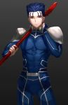  1boy abs blue_bodysuit blue_hair bodysuit contrapposto cowboy_shot earrings fate/stay_night fate_(series) gae_bolg grey_background holding holding_weapon jewelry kfr lance lancer long_hair male_focus over_shoulder polearm ponytail red_eyes simple_background smile solo spaulders weapon weapon_over_shoulder 