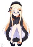  1girl abigail_williams_(fate/grand_order) bangs bespectacled black_bow black_dress black_footwear black_hat blonde_hair bloomers blue_eyes blush bow butterfly chlid closed_mouth commentary_request dress eyebrows_visible_through_hair fate/grand_order fate_(series) forehead glasses hair_bow hat highres insect kujou_karasuma long_hair long_sleeves looking_at_viewer mary_janes orange_bow parted_bangs polka_dot polka_dot_bow shoes signature simple_background sitting sleeves_past_fingers sleeves_past_wrists smile solo underwear very_long_hair white_background white_bloomers 