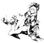  1girl absurdres bangs barefoot blunt_bangs dutch_angle feet front_ponytail frown full_body greyscale hair_ribbon high_heels highres kagiyama_hina knee_up long_hair looking_at_viewer monochrome ribbon ruukii_drift shoes_removed simple_background sitting solo sweatdrop touhou undressing white_background wrist_ribbon 