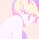  1girl bare_shoulders blonde_hair closed_mouth commentary_request ilya_kuvshinov looking_to_the_side nude original pink_background short_hair simple_background smile solo upper_body 