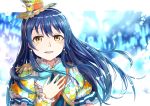  1girl bangs blue_hair blush commentary_request earrings enso_(ensoooclcl) epaulettes eyebrows_visible_through_hair hair_between_eyes hand_on_own_chest hat heart jewelry long_hair looking_at_viewer love_live! love_live!_school_idol_festival love_live!_school_idol_project neck_ribbon open_mouth ribbon solo sonoda_umi upper_body yellow_eyes 