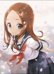  1girl brown_eyes brown_hair cherry_blossoms closed_mouth hosoi_mieko karakai_jouzu_no_takagi-san long_hair looking_at_viewer official_art ribbon school_uniform serafuku shadow simple_background skirt smile standing takagi-san upper_body 