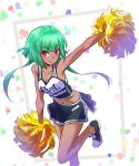  1girl :p arm_up armpits bangs bare_legs black_footwear black_skirt blunt_bangs bob_cut breasts cheerleader cleavage closed_mouth clothes_writing collarbone commentary_request confetti emerald_sustrai eyebrows_visible_through_hair green_hair highres holding iesupa leg_up looking_at_viewer medium_breasts miniskirt navel outstretched_arm pom_poms red_eyes rwby shoes short_hair_with_long_locks side_slit skirt sleeveless smile sneakers solo standing standing_on_one_leg tongue tongue_out tsurime two-tone_background 