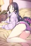  1girl ass bed boyshorts breasts commentary_request fate/grand_order fate_(series) large_breasts long_hair looking_at_viewer merufena minamoto_no_raikou_(fate/grand_order) on_bed panties_under_shorts purple_hair ribbed_sweater short_shorts shorts sweater violet_eyes 
