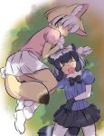  2girls animal_ears black_hair blonde_hair bow bowtie closed_eyes common_raccoon_(kemono_friends) elbow_gloves eyebrows_visible_through_hair fang fennec_(kemono_friends) fox_ears fox_tail fur_collar fur_trim gloves grass kemono_friends multicolored_hair multiple_girls open_mouth pantyhose pleated_skirt puffy_short_sleeves puffy_sleeves raccoon_ears raccoon_tail short_hair short_sleeves skirt sleeping taguchi_makoto tail thigh-highs white_hair 