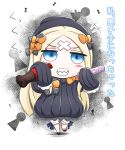  1girl abigail_williams_(fate/grand_order) bangs black_bow black_dress black_footwear black_hat blonde_hair bloomers blue_eyes bottle bow butterfly chibi coke_bottle cola crossed_bandaids dress fate/grand_order fate_(series) grin hair_bow hat highres holding holding_bottle insect keyhole long_hair long_sleeves neon-tetora orange_bow parted_bangs polka_dot polka_dot_bow sharp_teeth sleeves_past_fingers sleeves_past_wrists smile solo teeth translation_request underwear very_long_hair white_bloomers 