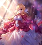  1girl ahoge blonde_hair blurry breasts cleavage corset dark_pem dress fate/extra fate/grand_order fate_(series) flower green_eyes hair_flower hair_ornament highres long_hair looking_at_viewer nero_claudius_(fate) nero_claudius_(fate)_(all) ocean petals saber_extra short_hair smile solo 
