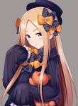  1girl :o abigail_williams_(fate/grand_order) bangs black_dress black_hat blonde_hair blue_eyes blush bow commentary dress eyebrows_visible_through_hair eyes_visible_through_hair fate/grand_order fate_(series) grey_background hair_bow hand_up hat highres holding holding_stuffed_animal long_hair long_sleeves looking_at_viewer mahcdai object_hug orange_bow parted_bangs polka_dot polka_dot_bow shiny shiny_hair sidelocks simple_background sleeves_past_fingers sleeves_past_wrists solo straight_hair stuffed_animal stuffed_toy teddy_bear upper_body 