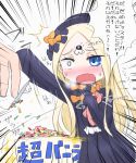  /\/\/\ 1girl abigail_williams_(fate/grand_order) arm_up bangs black_bow black_dress black_hat blonde_hair blue_eyes blush bow butterfly chibi crossed_bandaids dress emphasis_lines fang fate/grand_order fate_(series) fingernails hair_bow hat highres insect long_hair long_sleeves neon-tetora nose_blush object_hug open_mouth orange_bow parted_bangs sleeves_past_fingers sleeves_past_wrists solo_focus sprinkles stuffed_animal stuffed_toy teddy_bear translation_request very_long_hair 