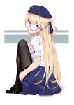  1girl arm_support bangs beret black_footwear black_legwear blonde_hair blue_eyes blue_hat blue_skirt candy food from_behind girls_frontline glasses hair_between_eyes hair_ribbon hand_on_own_thigh hat highres loafers lollipop long_hair looking_at_viewer looking_back pleated_skirt red-framed_eyewear ribbon semi-rimless_eyewear shirt shoes short_sleeves sidelocks simple_background sitting skirt sleeves_folded_up solo sucking thigh-highs thighs tsuaaa very_long_hair white_shirt z-62_(girls_frontline) 