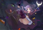  1girl :p aoi_shiori bat belt blush candy cape clouds commentary_request crescent_moon flying food full_body hat looking_at_viewer magia_record:_mahou_shoujo_madoka_magica_gaiden mahou_shoujo_madoka_magica midriff misono_karin moon night purple_hair ribbon shadow_ball short_hair soul_gem striped striped_legwear thigh-highs thighs tongue tongue_out violet_eyes witch_hat 