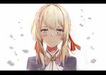  1girl ascot bangs blonde_hair blue_eyes blue_jacket blush closed_mouth eyebrows_visible_through_hair hair_between_eyes hair_ribbon highres jacket letterboxed long_hair looking_at_viewer red_ribbon ribbon rods solo violet_evergarden violet_evergarden_(character) white_background white_neckwear 