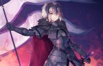  1girl absurdres ahoge armor breasts eyebrows_visible_through_hair fate/grand_order fate_(series) flag highres holding holding_flag hopepe jeanne_d&#039;arc_(alter)_(fate) jeanne_d&#039;arc_(fate)_(all) large_breasts looking_at_viewer parted_lips short_hair smile solo sword weapon white_hair yellow_eyes 