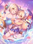  2girls ;d ;p absurdres andira_(granblue_fantasy) animal barefoot blonde_hair blue_bikini_top blue_shorts bow breasts brown_eyes cleavage day djeeta_(granblue_fantasy) flower food fur_trim granblue_fantasy hair_bow hair_flower hair_ornament hairband heart highres holding holding_food ice_cream kaenuco layered_skirt looking_back medium_breasts multiple_girls one_eye_closed open_mouth outdoors palm_tree riding short_hair short_shorts short_twintails shorts small_breasts smile sparkle striped_bikini_top tongue tongue_out tree twintails water white_flower white_hairband wrist_cuffs yellow_eyes 