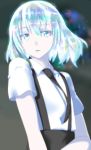  1other absurdres androgynous bangs black_neckwear black_shorts blue_eyes blue_hair collared_shirt diamond_(houseki_no_kuni) eyebrows_visible_through_hair grey_background hair_between_eyes highres houseki_no_kuni looking_at_viewer minarai_tenna necktie parted_lips revision shiny shiny_hair shirt short_hair short_sleeves shorts simple_background solo sparkle standing suspender_shorts suspenders upper_body white_shirt wing_collar 