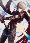 1boy absurdres albert_(shingeki_no_bahamut) black_pants blonde_hair cape closed_mouth dutch_angle gauntlets granblue_fantasy grey_background highres holding holding_sword holding_weapon male_focus pants rean_(r_ean) red_cape signature smile solo standing sword violet_eyes weapon 