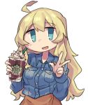  1girl ahoge blonde_hair blue_eyes blue_shirt blush breast_pocket breasts collared_shirt drinking_straw eyebrows_visible_through_hair long_hair looking_at_viewer medium_breasts parted_lips pocket shirt shoujo_shuumatsu_ryokou sketch smile solo starbucks starbucks_siren v wagashi928 yuuri_(shoujo_shuumatsu_ryokou) 