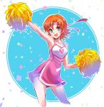  1girl :d arm_up armpits bare_arms bare_shoulders blue_eyes blush breasts broken_heart broken_heart_print cheerleader cleavage confetti contrapposto cropped_legs dress eyebrows_visible_through_hair headband heart heart_print highres holding iesupa legs_apart looking_at_viewer nora_valkyrie open_mouth orange_hair outstretched_arm pink_dress pom_pom_(clothes) pom_poms rwby shiny shiny_hair short_hair side_slit sleeveless sleeveless_dress smile solo standing tareme thighs 