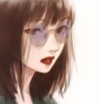  1girl brown_eyes brown_hair commentary_request eyebrows_visible_through_hair glasses lipstick looking_at_viewer makeup original parted_lips portrait purple_glasses red_lipstick romiy sketch solo 