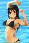  1girl arched_back arms_up bare_arms bare_shoulders bikini black_bikini black_hair blush breasts cleavage closed_mouth collarbone day fingernails green_eyes highres long_hair looking_at_viewer matsunaga_kouyou medium_breasts navel original outdoors partially_submerged shiny shiny_skin smile solo stomach string_bikiniswimsuit tareme upper_body water 