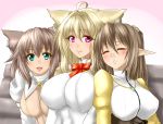 3girls :d animal_ears bench blush bow bowtie breasts brown_hair closed_eyes commentary_request dress elf fox_ears green_eyes highres huge_breasts juliet_sleeves large_breasts long_hair long_sleeves looking_at_viewer minarai_tenna multiple_girls open_mouth original parted_lips pointy_ears puffy_sleeves red_neckwear sitting sleeping smile violet_eyes white_dress 