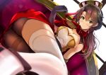  1girl ass asymmetrical_hair asymmetrical_legwear azur_lane bangs black_gloves black_legwear blush breasts brown_hair cleavage exeter_(azur_lane) eyebrows_visible_through_hair gloves green_eyes hair_between_eyes hat kanzaki_kureha large_breasts long_hair looking_at_viewer lying on_side pantyhose shiny shiny_clothes shiny_skin single_thighhigh skindentation sleeveless smile solo thigh-highs thighband_pantyhose thighs white_legwear 