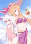  2girls animal_ears bikini blonde_hair blue_eyes bottle breasts casual_one-piece_swimsuit cleavage covered_navel hat highres long_hair multiple_girls one-piece_swimsuit original paw_pose pink_swimsuit purple_bikini purple_sarong rabbit_ears red_eyes sarong silver_hair smile sun_hat swimsuit twintails 