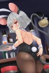  1girl absurdres alternate_costume animal animal_ears ass back bare_arms bare_shoulders black_legwear blurry blurry_background blush bottle breasts bunny_tail bunnysuit closed_mouth commentary_request cup detached_collar drinking_glass fake_animal_ears from_behind grey_hair hair_between_eyes hairband highres holding ice ice_cube indoors looking_at_viewer looking_back mouse mouse_ears mouse_tail nazrin pantyhose rabbit_ears red_eyes shiny shiny_hair small_breasts solo standing sweatdrop tail tail_raised tokoya_(ex-hetare) touhou tray white_hairband wrist_cuffs 