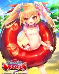  1girl bikini blonde_hair character_request choker clouds copyright_name fang flat_chest innertube jewelry long_hair matataki navel official_art open_mouth outdoors pendant pink_bikini red_eyes scrunchie sengoku_bushouki_muramasa sky smile solo swimsuit tree twintails wrist_scrunchie 