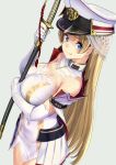  1girl akasaai bare_shoulders blonde_hair blue_eyes blush breasts character_request cleavage copyright_request detached_collar elbow_gloves gloves hat highres holding large_breasts long_hair looking_at_viewer peaked_cap sheath sheathed simple_background smile solo sword veil weapon white_gloves 