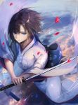  1girl blue_eyes blurry blurry_foreground brown_hair copyright_request depth_of_field glint hair_between_eyes highres holding holding_sword holding_weapon japanese_clothes katana kimono long_sleeves looking_at_viewer obi petals rean_(r_ean) sash scabbard sheath solo sword weapon white_kimono wide_sleeves 