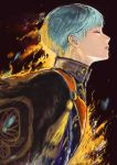  1boy absurdres bangs blue_hair closed_eyes commentary_request fire from_side highres ichigo_hitofuri military military_uniform open_mouth parted_lips profile romiy solo touken_ranbu uniform upper_body 