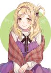  1girl black_bow black_neckwear blonde_hair bow braid crown_braid dress eyebrows_visible_through_hair hair_bow hair_rings hairband highres light_blush long_sleeves looking_at_viewer love_live! love_live!_sunshine!! neck_ribbon ohara_mari pinafore_dress plaid_blanket purple_bow purple_dress ribbon shirt smile solo string_of_flags sudach_koppe white_shirt yellow_eyes 