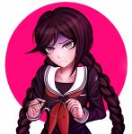  1girl braid brown_eyes brown_hair dangan_ronpa dangan_ronpa_1 fukawa_touko glasses hair_tie holding_eyewear kurokku-tokei long_hair mole mole_under_mouth school_uniform solo twin_braids upper_body very_long_hair 