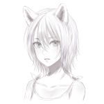  1girl absurdres animal_ears artist_name blush collarbone eyes_visible_through_hair fang greyscale hair_between_eyes hair_over_eyes highres monochrome original parted_lips romiy short_hair simple_background solo upper_body white_background wolf_ears 
