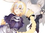  2girls ;d armor armored_dress black_dress black_gloves blonde_hair blue_eyes braid breasts capelet chains commentary_request dress dual_persona eyebrows_visible_through_hair fate/apocrypha fate/grand_order fate_(series) faulds flying_sweatdrops gauntlets gloves hand_on_head hands headpiece jealous jeanne_d&#039;arc_(alter)_(fate) jeanne_d&#039;arc_(fate) jeanne_d&#039;arc_(fate)_(all) keemu_(occhoko-cho) long_braid long_hair multiple_girls one_eye_closed open_mouth petting plackart shaded_face silver_hair single_braid smile yellow_eyes 