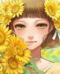  1girl absurdres bangs blunt_bangs blurry blurry_background brown_eyes brown_hair closed_mouth commentary_request depth_of_field flower hair_flower hair_ornament highres looking_at_viewer original romiy short_hair smile solo sunflower upper_body yellow_flower 