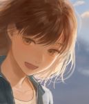  1girl :d bangs blue_jacket brown_eyes brown_hair commentary_request eyebrows_visible_through_hair jacket open_mouth romiy shirt short_hair smile solo white_shirt 