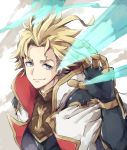  1boy armor asuna_(doruru-mon) blonde_hair blue_eyes capelet closed_mouth commentary_request granblue_fantasy highres looking_at_viewer male_focus siete simple_background smile solo upper_body 