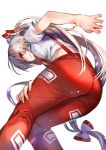 1girl absurdres amamitsu_kousuke ass bare_arms bow breasts fire from_below fujiwara_no_mokou hair_bow highres leaning_forward long_hair looking_at_viewer pants ponytail red_eyes red_pants shirt short_sleeves silver_hair simple_background sketch small_breasts smile solo torn_clothes torn_shirt touhou very_long_hair white_background white_shirt 