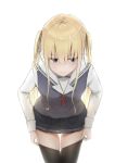  1girl black_legwear black_ribbon black_skirt blonde_hair blue_eyes blurry breasts depth_of_field driftkingtw eyebrows_visible_through_hair hair_between_eyes hair_ribbon leaning_forward long_hair long_sleeves looking_away looking_down medium_breasts miniskirt pleated_skirt ribbon saenai_heroine_no_sodatekata sailor_collar sawamura_spencer_eriri school_uniform serafuku sidelocks simple_background skirt sleeve_cuffs solo sweater_vest thigh-highs thigh_gap twintails v-shaped_eyebrows white_background white_sailor_collar 